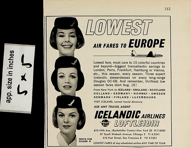 1962 Icelandic Airlines Lowest Air Fares Loftleidir Vintage Print Ad 6664
