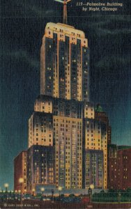 USA Palmolive Building By Night Chicago Linen Postcard 08.10