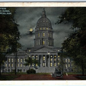 c1910s Topeka, KS Night State House Capitol Dome Zercher Postcard Car A117