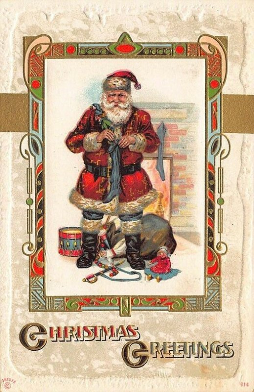 Christmas Greeting Red Robed Santa Claus Hanging Stockings Embossed Postcard