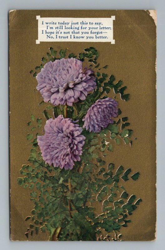 Looking for Your Letter Poem Purple Flowers Vintage Postcard 