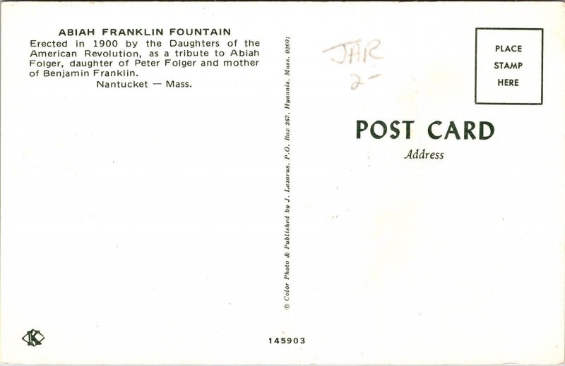 Abiah Franklin Fountain Monument Nantucket Massachusetts MA Postcard Unused UNP 