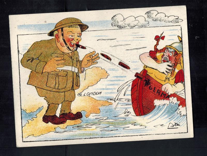 Mint WW2 Churchill UK Shooting Cigars at German Hun Invaders Postcard
