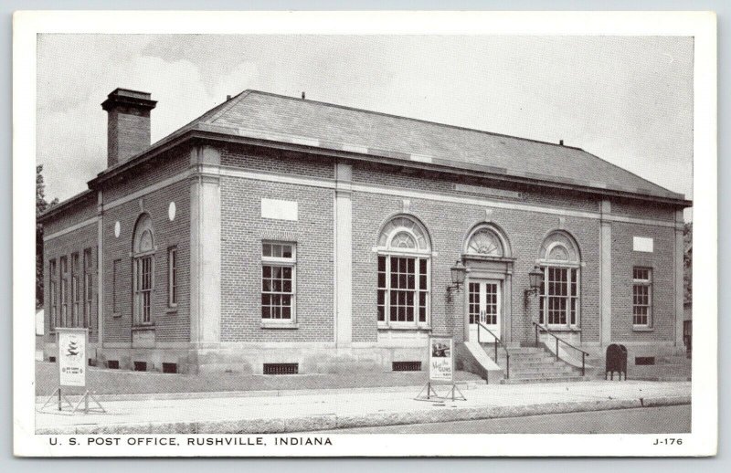 Rushville Indiana~US Post Office~Navy Poster: Man the Guns~1940s B&W Postcard 