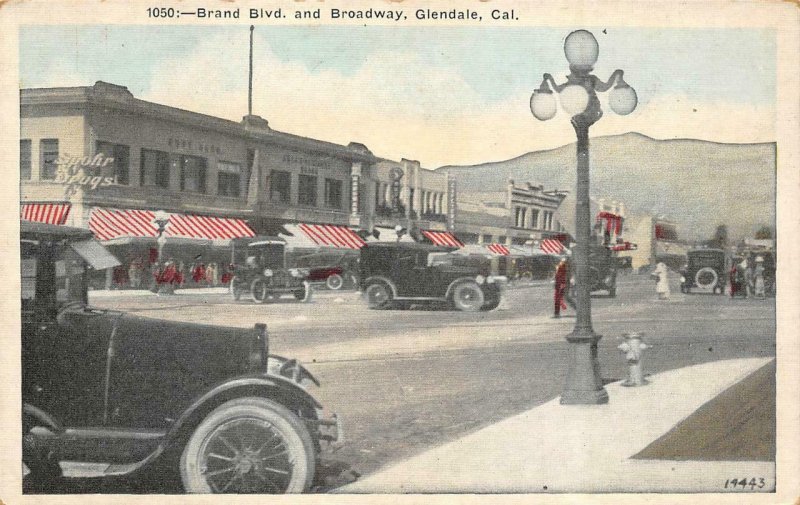 Brand Blvd & Broadway GLENDALE CA Street Scene Drugstore c1920s Vintage Postcard