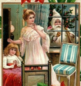 C.1910 White Coat Santa Bell Tree Mother Daughter Embossed Christmas  P109