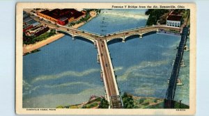 Aerial View Postcard Famous Y Bridge Zanesville, Ohio 1957 w Red Cross Cancel