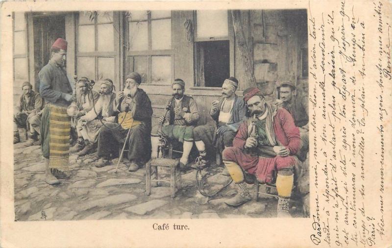 Turkey sidewalk cafe turc coffee ethnics narghile smockers 1900s postcard 