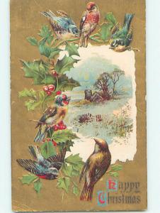 Pre-Linen christmas SIX BEAUTIFUL BIRDS ON HOLLY WITH WINTER SCENE hr2813