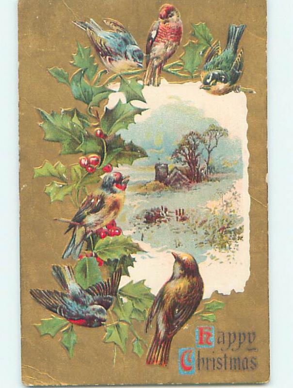 Pre-Linen christmas SIX BEAUTIFUL BIRDS ON HOLLY WITH WINTER SCENE hr2813