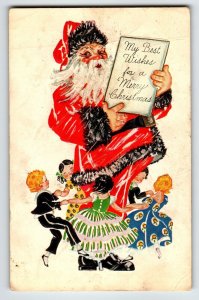 Christmas Postcard Santa Claus Children Dancing Boys Girls Embossed W-29 Vintage