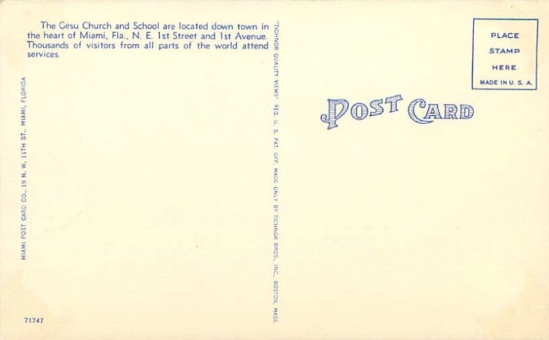 Miami Florida Gesu Catholic Church Linen Postcard Unused