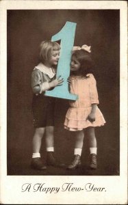New Year Little Boy and Girl Blue Number 1 Live Action Vintage Postcard