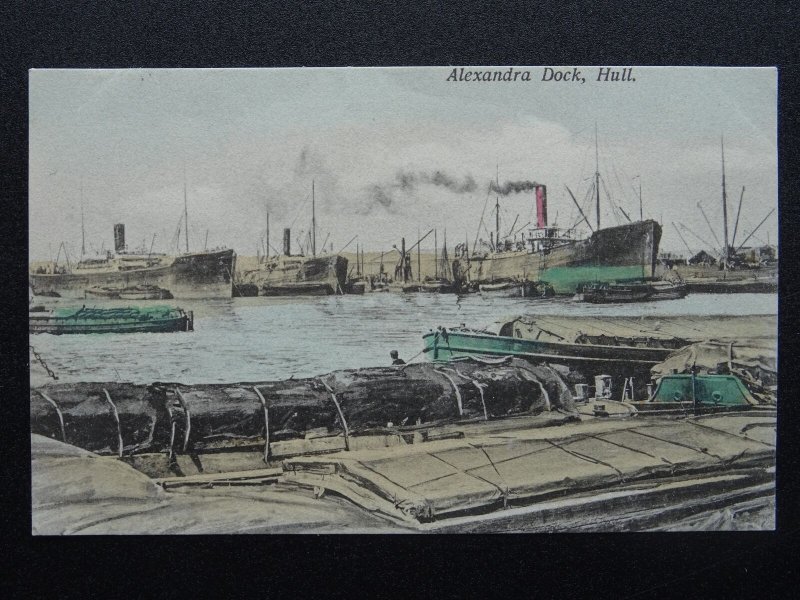 Yorkshire HULL Alexandra Dock shows Steam Ships & Barges - Old Postcard