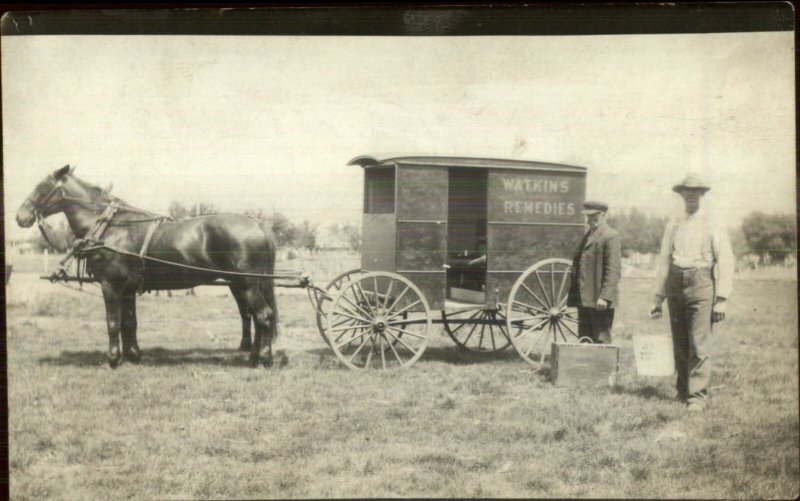Watkins Remedies Advertising Horse Wagon & Men c1910 Real Photo Postcard