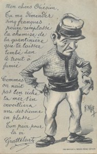 Humor comic man caricature poverty no money empty pockets artist postcard