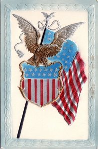 VINTAGE POSTCARD U.S. FLAG COAT OF ARMS EAGLE SCEPTRE PATRIOTIC RAISED c. 1908