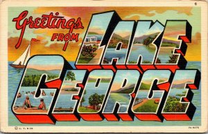 Vtg Lake George New York NY Large Letter Greetings 1930s Unused Linen Postcard