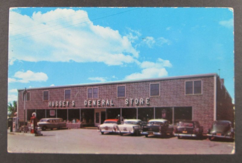 Hussey's General Store, Windsor Maine ME Postcard - 1950's Cars!! (F6)