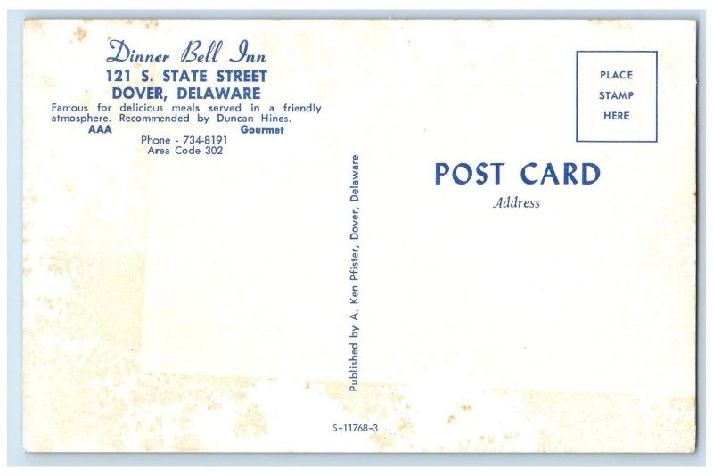 c1950's Dinner Bell Inn Scene Street Dover Delaware DE Restaurant Postcard
