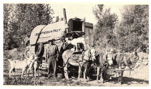 RPPC Postcard See America Fast Covered Wagon Horses Cowboy