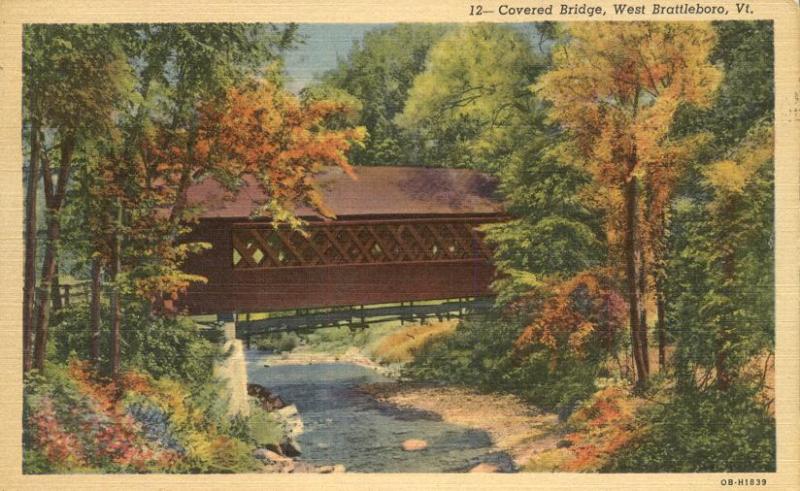 West Brattleboro VT, Vermont - Old Covered Bridge - pm 1956 - Linen