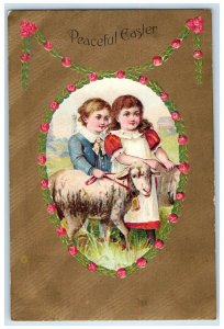 1908 Easter Children And Lamb Roses Flowers Embossed Danbury CT Antique Postcard