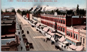 3rd Street Looking West San Bernardino California CA Stores Restaurants Postcard