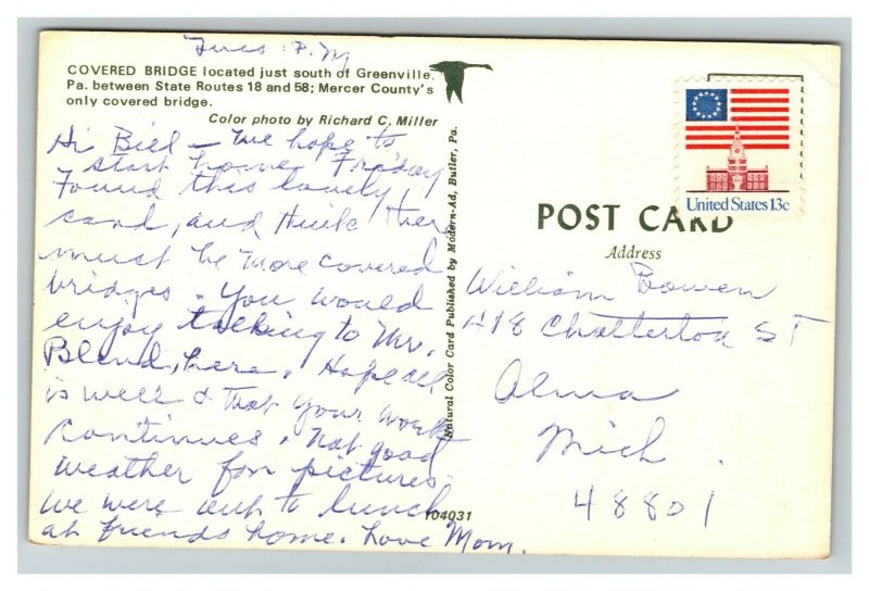 Vintage 1950's Postcard Covered Bridge Mercer County Greenville Pennsylvania