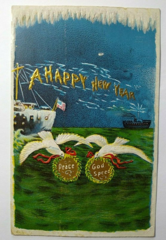 Antique New Years Postcard Ship Boats Harbor Seagulls Peace God Speed Series 209