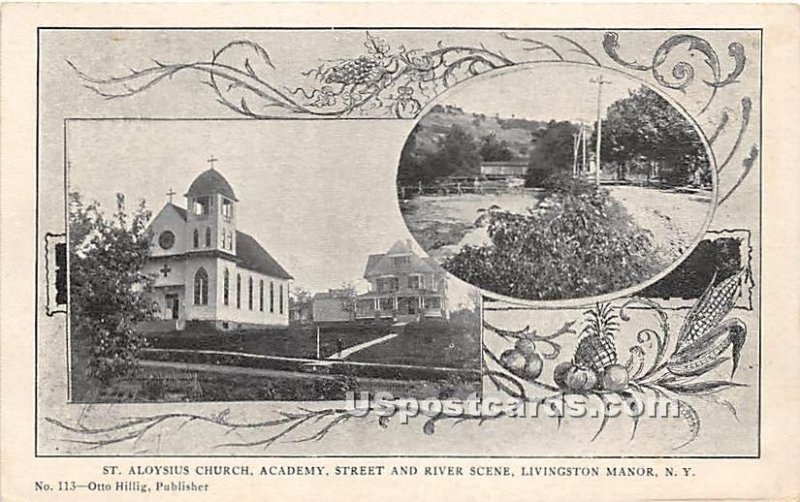 St Aloysius Church, Academy, Street and River Scene - Livingston Manor, New York