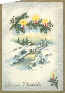 Christmas winter fantasy postcard Buon Natale Italy bridge candles