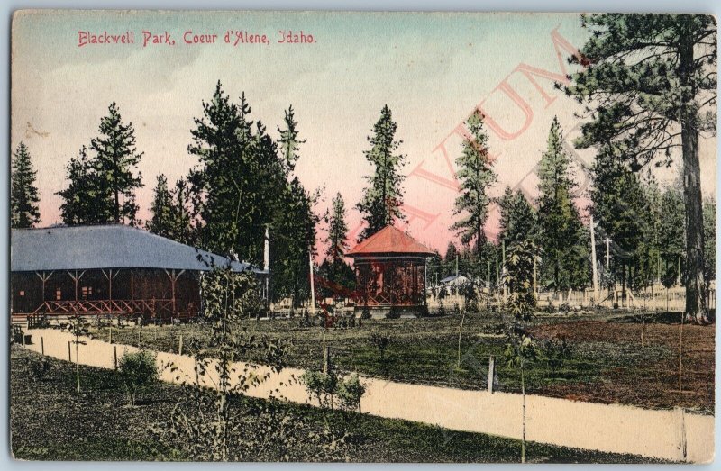 c1910s Coeur d'Alene, Ida. Blackwell Park Hand Colored NICE Postcard Gazebo A195