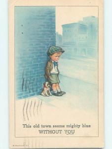 Pre-Linen DOG SITS BESIDE LONELY BOY BY THE WALL HJ4364