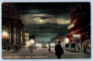 Buffalo New York NY Postcard Genesee Street Night Scene Streetcar Buildings 1910