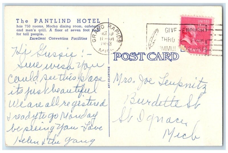 1953 Entire City Block Hospitality Pantlind Hotel Grand Rapids Michigan Postcard