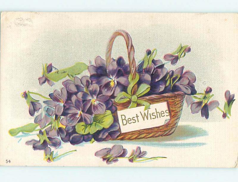 Divided-Back BEAUTIFUL VIOLET FLOWERS IN WICKER BASKET - BEST WISHES o9271