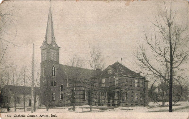 c.1913 St. Francis Xavier Church S. Perry Street Attica Indiana Postcard 2R4-355 