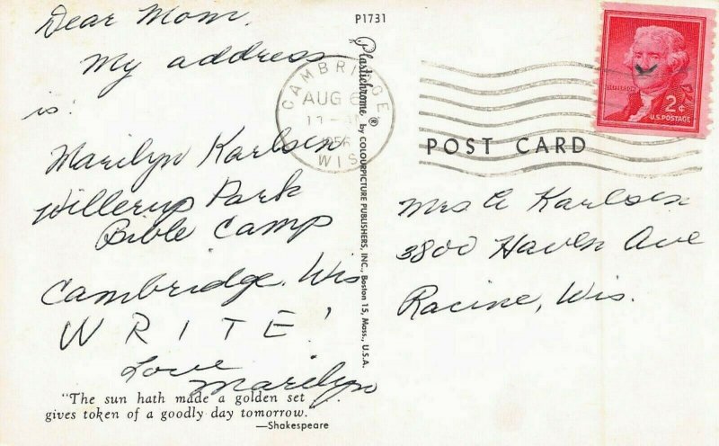 CAMBRIDGE WISCONSIN~LAKE RIPLEY~1956 POSTCARD FROM WILLERUP PARK BIBLE CAMP