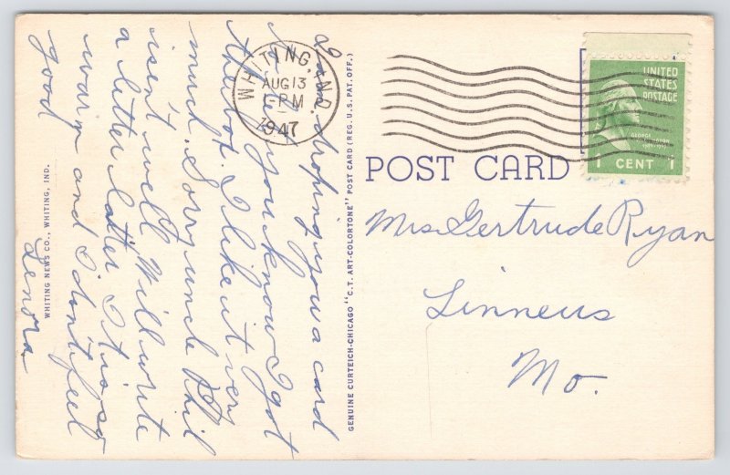 Linen~Front of US Post Office Whiting Indiana~Vintage Postcard