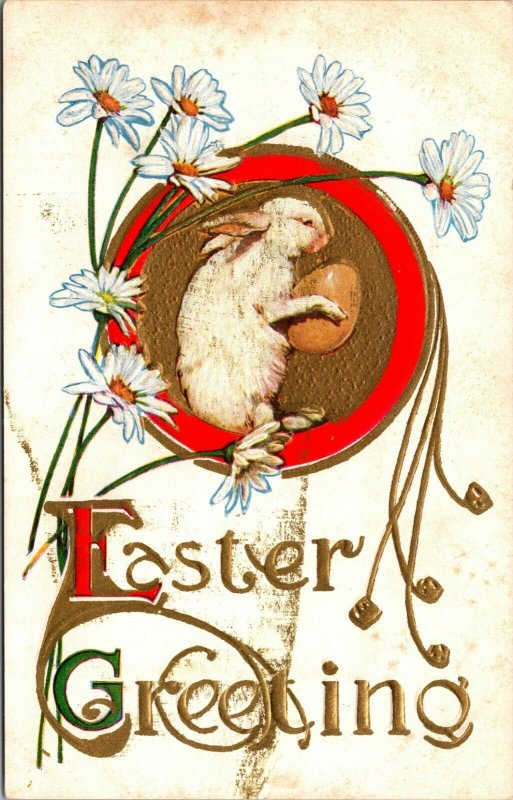 EASTER GREETINGS POSTCARD - RABBIT BUNNY EGG FLOWERS - VINTAGE - PC 