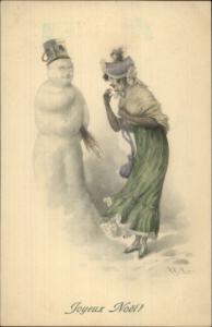 Christmas Pretty Woman & Snowman Pot on Head - RR Wichera M Munk Postcard