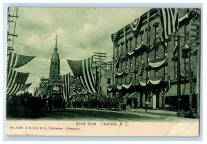 c1905 Street Scene Parade Flags Charlotte North Carolina NC Antique Postcard