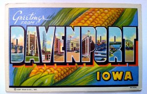 Greetings From Davenport Iowa Large Letter Postcard Linen Curt Teich Corn Unused