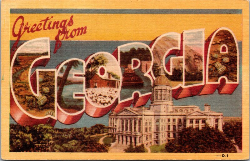 Vtg 1930s Large Letter Greetings Georgia GA Unused Linen Postcard