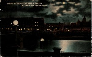 Vtg Des Moines Iowa IA Locust Street Bridge City Hall Capitol at Night Postcard