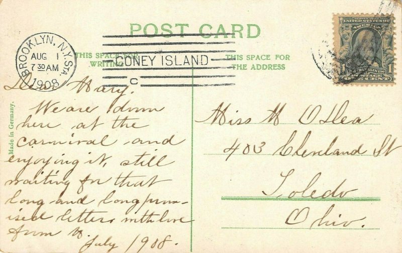 LPS64 Coney Island Amusement Park NY Postcard Main Court Luna Park Flying Swing