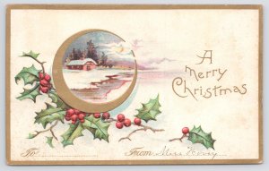 Christmas~Winter View In Gold Crescent Portal~Holly~To-From Card~Emb~IAPC~Vtg PC