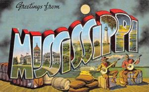 MS, MISSISSIPPI  Large Letter MEN PLAYING BANJOS On DOCK c1940's Linen Postcard