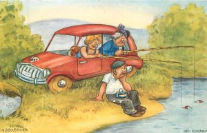 Postcard Women fishing from car man not happy comic humor  Edgrew 23-9772